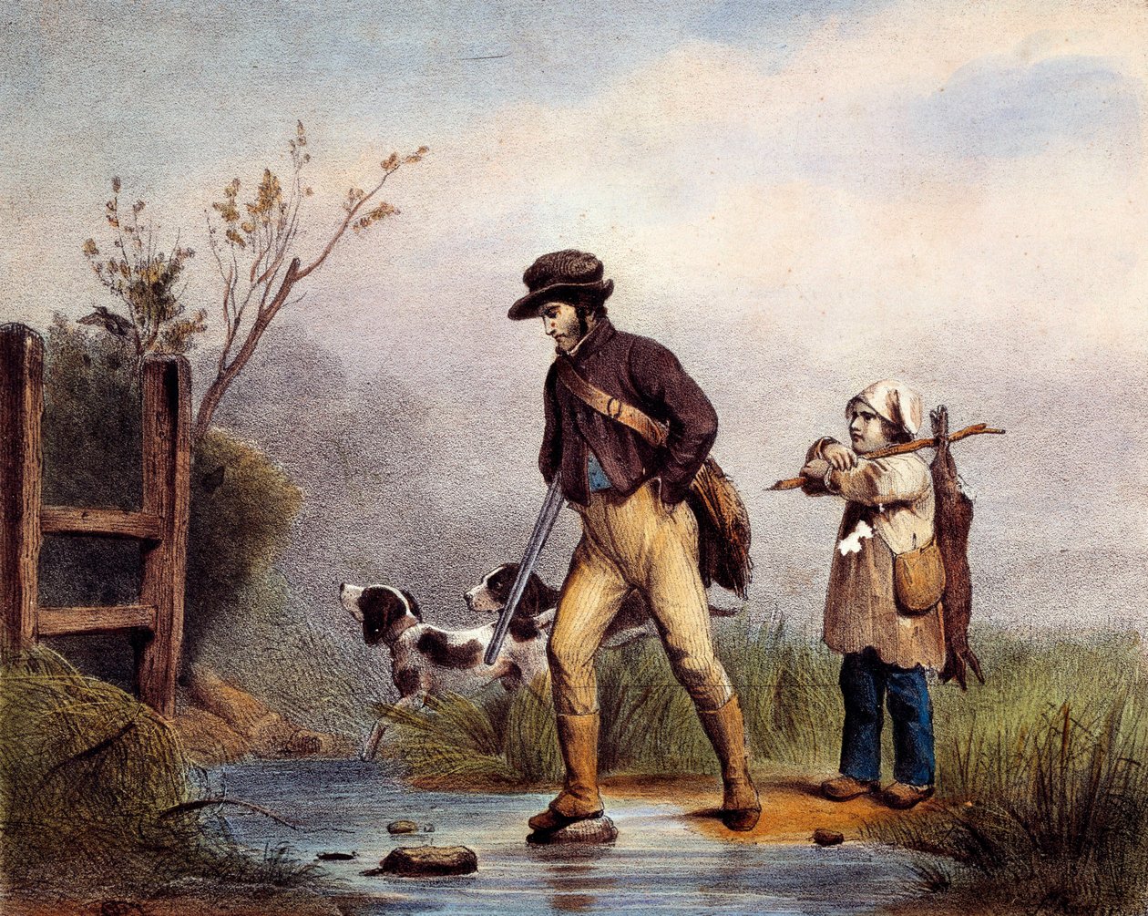 A passagem tem caçadores que atravessam um curso de água a pé. Litografia do Gien do século XIX, museu da caça de Unknown artist