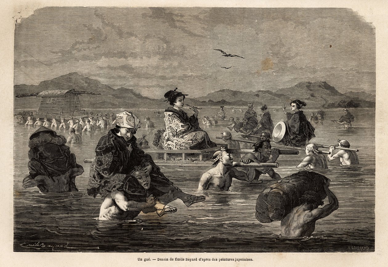 A passagem de uma taco, com apresentação dos modos de transporte de passageiros e bagagem. Gravura para ilustrar a viagem ao Japão, em 1863-1864, de Aime Humbert, ministro da Confederação Suíça, em "Le tour du monde, nouveau journal des voyages". de Unknown artist