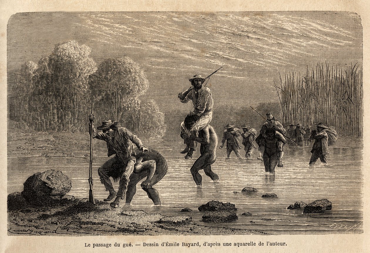 A passagem da gue, os índios Siriniris, se propõem espontaneamente a levar sobre seus ombros os membros da expedição, a fim de fazê-los atravessar as lagoas formadas no sopé do Monte Basiri (Peru). Engravure pour illustrrer le voyage dans les vall de Unknown artist