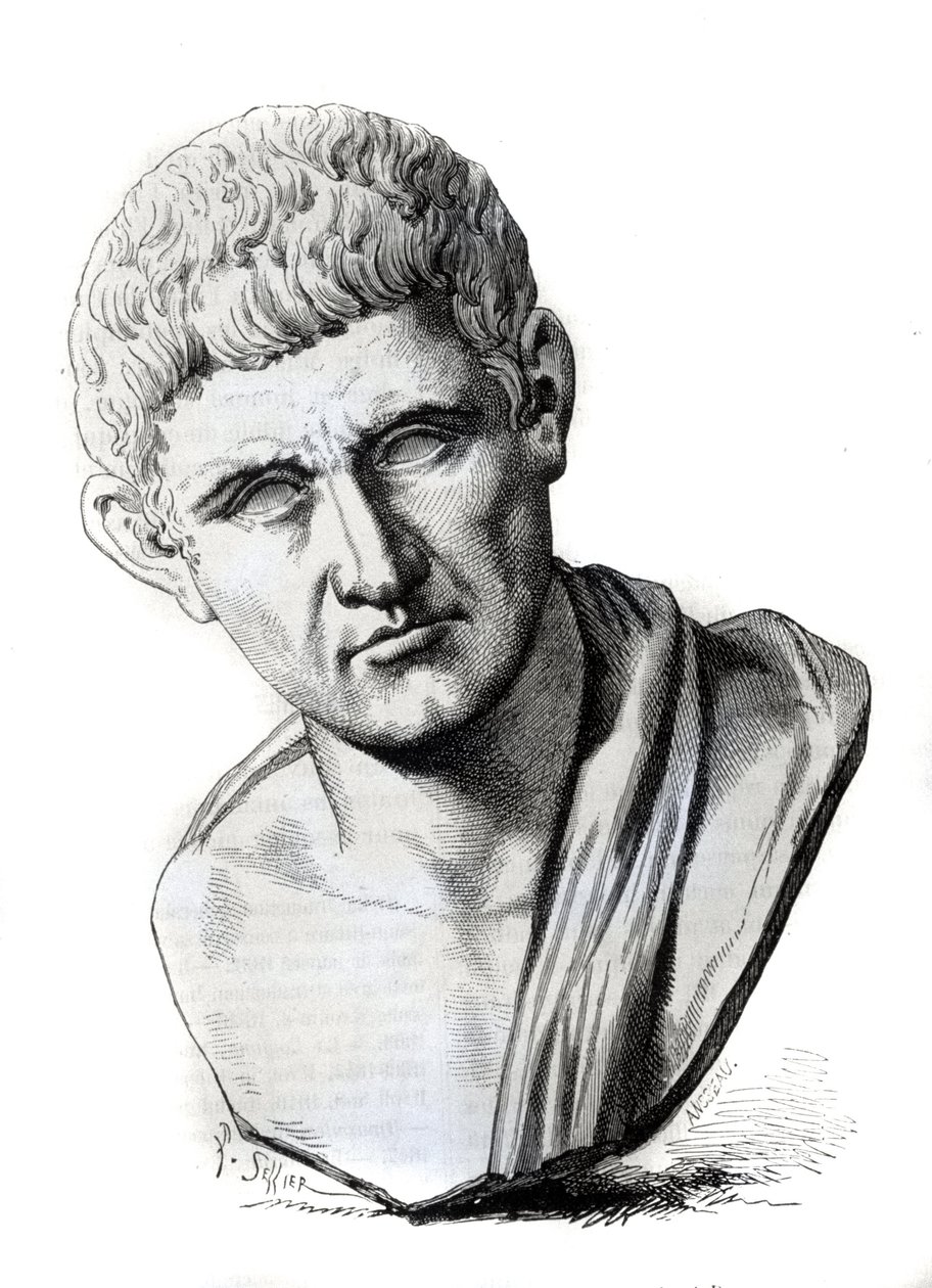 O filósofo Aristóteles (384-322 AC) após uma escultura do Palazzo Spada em Roma. Gravura do século XIX de Unknown artist