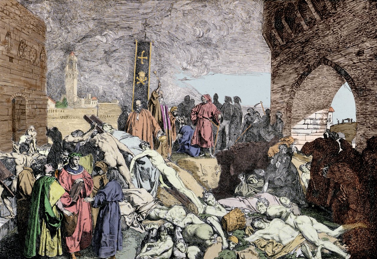 A praga de 1348 em Florença (Itália). Na parte inferior esquerda, com uma grinalda de Laurier, Petrarca, poeta italiano e humanista do renascimento, conversa com outras pessoas. de Unknown artist