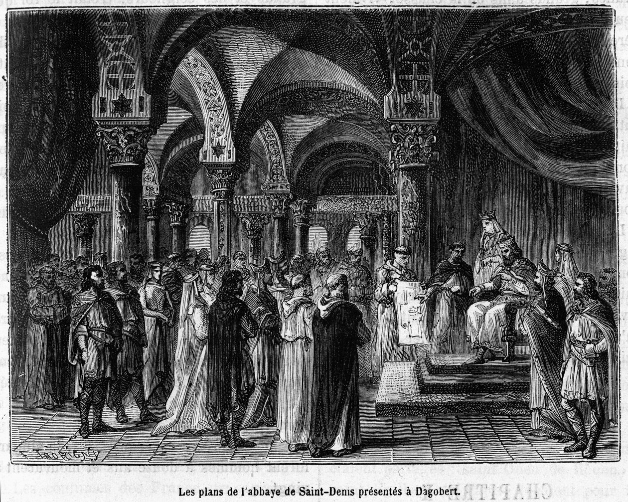 Os planos da abadia de Saint-Denis apresentados a Dagobert I - no "Histoire de France" de Henri Martin, sd. Século XIX de Unknown artist