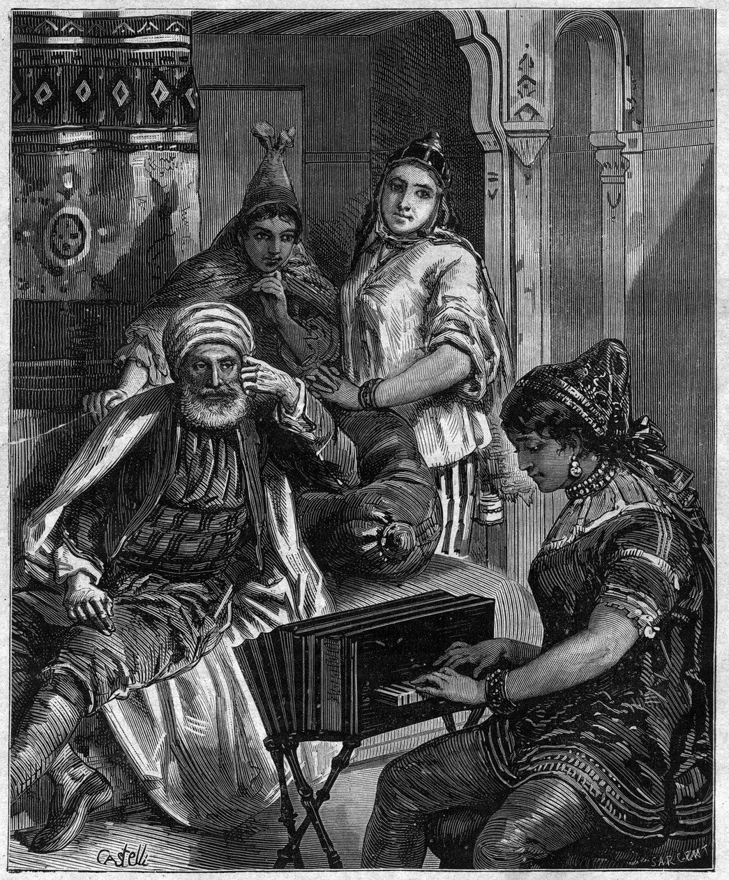 A população da Tunísia no século XIX - sábado à noite em uma família judia em Tunis - gravada por Castelli no "journal des voyages" 1884 de Unknown artist