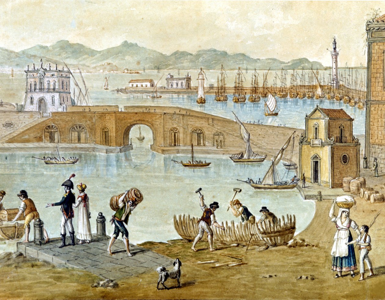O porto de Nápoles e Santa Lúcia por volta de 1800: os viajantes preparam-se para partir e os carpinteiros constroem um barco. A aguarela. de Unknown artist