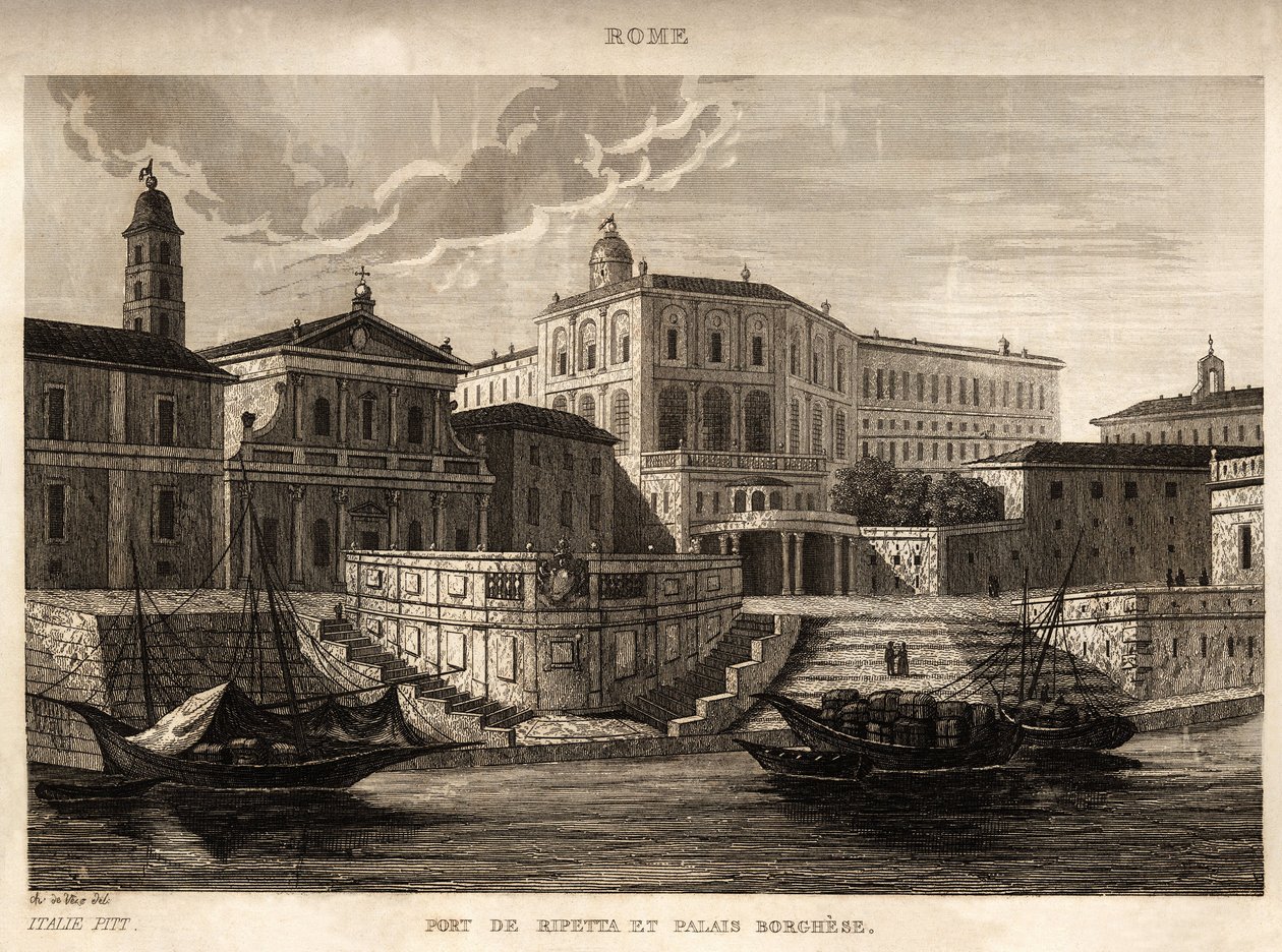 O porto de Ripetta e o Palácio Borghese em Roma, gravura de Ch. de Vene, em "Picturesque Italy", editora Amable Coste, Paris de Unknown artist