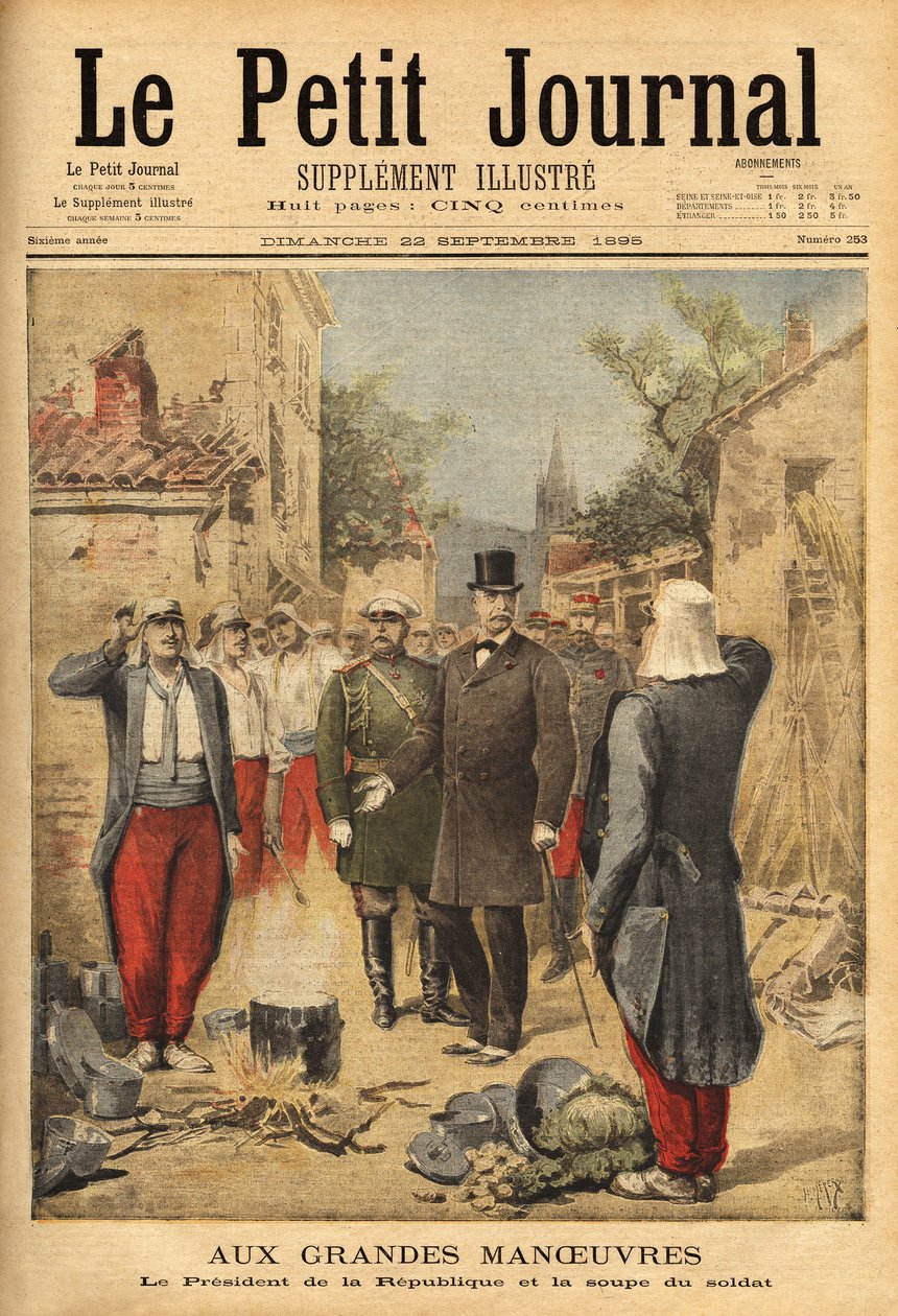 O presidente da república, Felix Faure (1841-1899), visita as tropas em Langres durante as grandes manobras e tradição para todos os visitantes, ele saboreia a sopa do soldado. Gravura no "Le petit journal" 22/09/1895. A coleção de Selva. de Unknown artist
