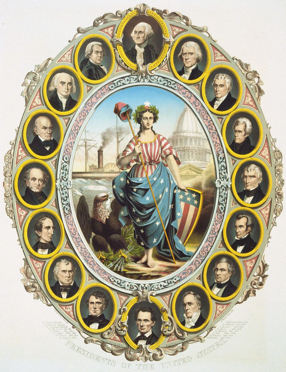 Os presidentes dos Estados Unidos com o símbolo da América no meio. Para cima, Washington e Abraham Lincoln para baixo. Cartaz publicado na posse da presidência de Lincoln, em 1861. Gravura de 1861. de Unknown artist