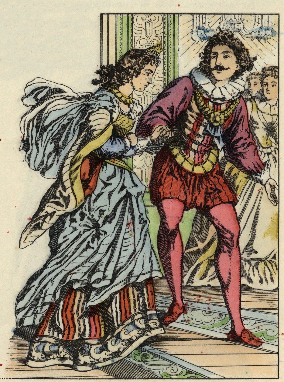 O príncipe convida a Cinderela para dançar. Ilustração do conto de Charles Perrault "Cinderela ou La petite slipper de verre". de Unknown artist