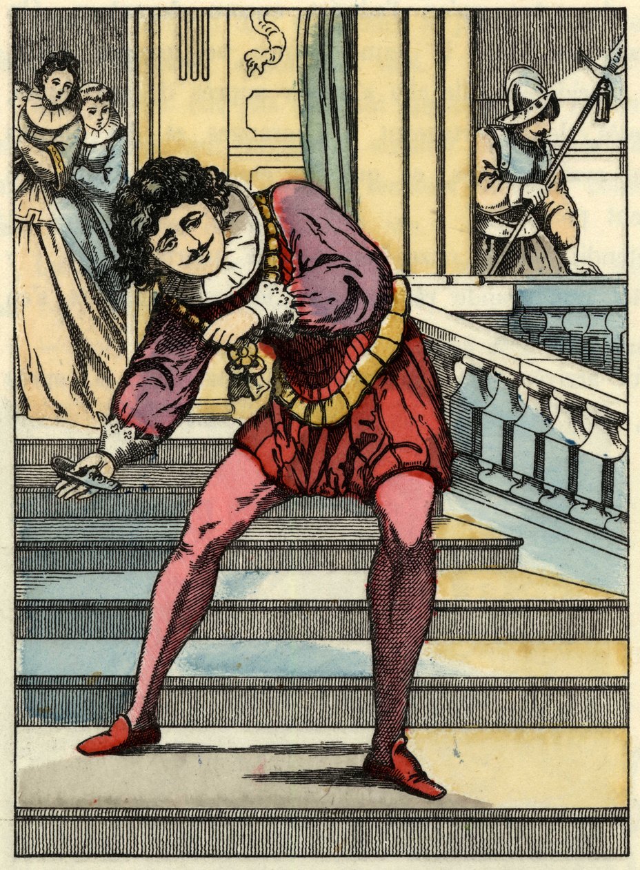 O príncipe pega no sapato de vidro da Cinderela. Ilustração do conto de Charles Perrault "Cinderela ou La petite slipper de verre". de Unknown artist