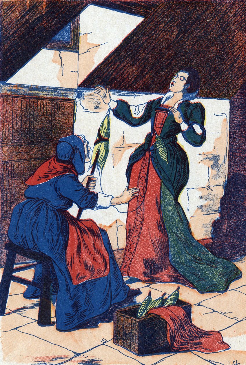 A princesa perfura a mão e adormece. Ilustração anônima de "La belle au bois dormant", conto de Charles Perrault (1628-1703), escritor francês. Imagery Marcel Vagne, Jarville Nancy, sem data (final do século XIX). de Unknown artist