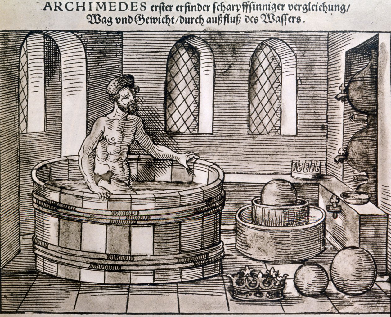 O princípio de Arquimedes (Thrust of bodies in water). de Unknown artist