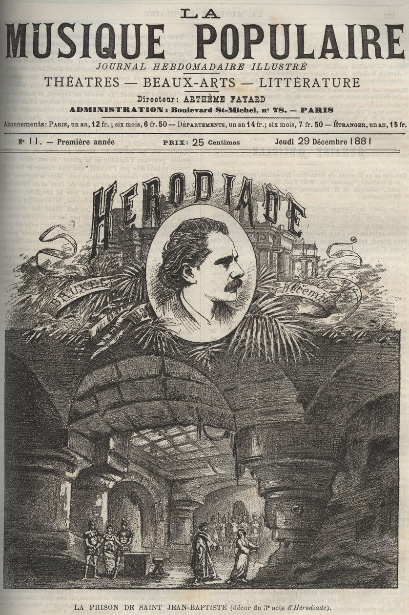 A prisão de São João Batista - decoração do 3º ato de "Herodiade", ópera em quatro atos e sete quadros de Jules Massenet, num libreto de Paul Milliet e Henri Gremont - gravura em "La musique populaire" ilustrada no jornal semanal - 1882 de Unknown artist