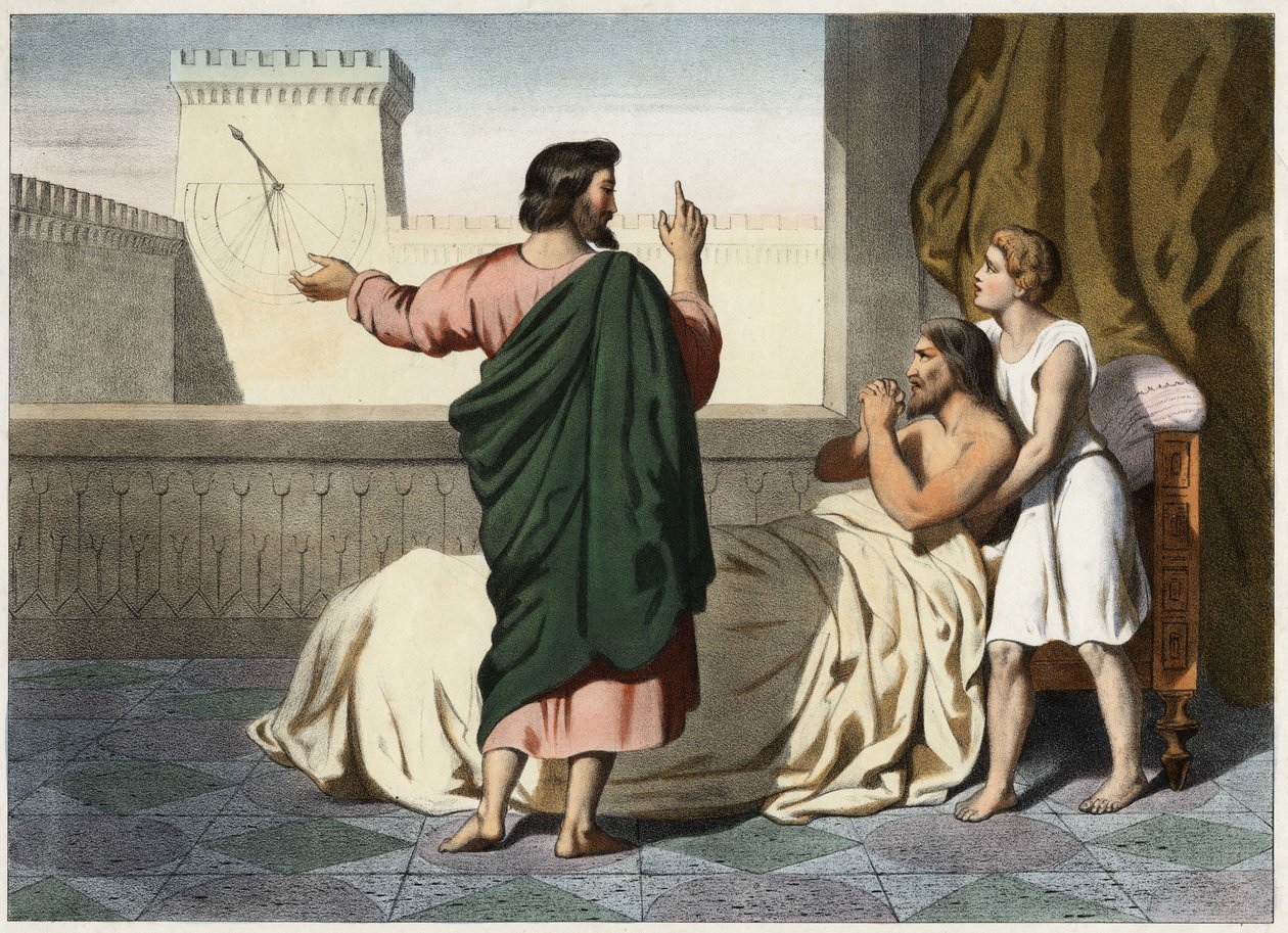 O profeta Isaías (ou Isaías) anuncia sua cura a Ezequias: o sinal será empurrar a sombra do relógio em dez graus no mostrador de Acaz (Achas). Gravura anónima de meados do século XIX. de Unknown artist