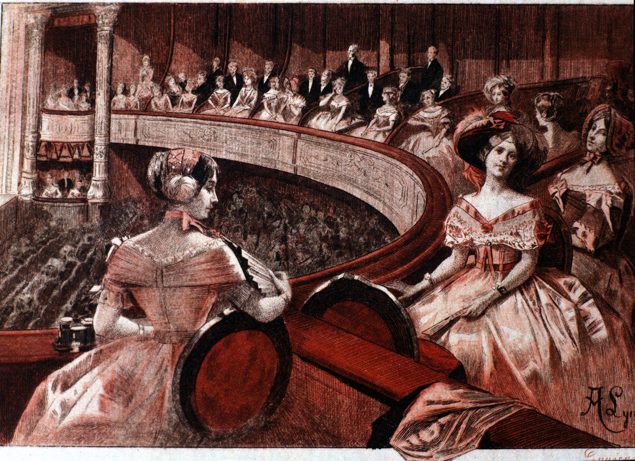 O público em uma varanda no teatro. de Unknown artist