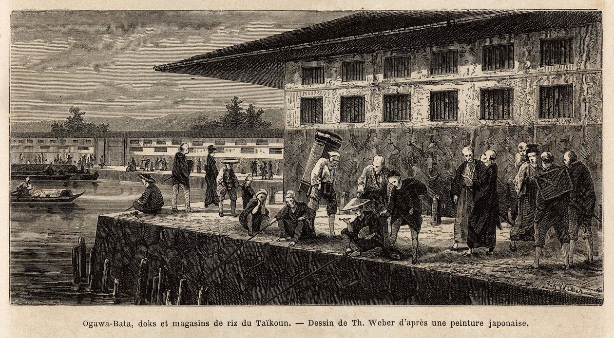 O cais e armazéns das lojas de arroz em Taikoun (tempo soberano do Japão), no rio Ogawa (que atravessa Edo, actual Tóquio). Gravura para ilustrar a viagem ao Japão, de Aime Humbert, ministro da Confederação Suíça, em 1863-1864, publis de Unknown artist