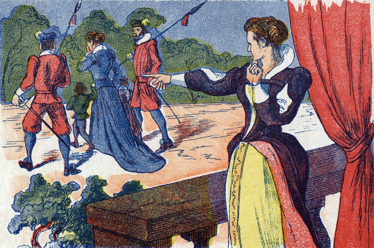 A rainha mãe tem a rainha e os seus filhos presos. Ilustração anônima de "La belle au bois dormant", conto de Charles Perrault (1628-1703), escritor francês. Imagery Marcel Vagne, Jarville Nancy, sem data (final do século XIX). de Unknown artist