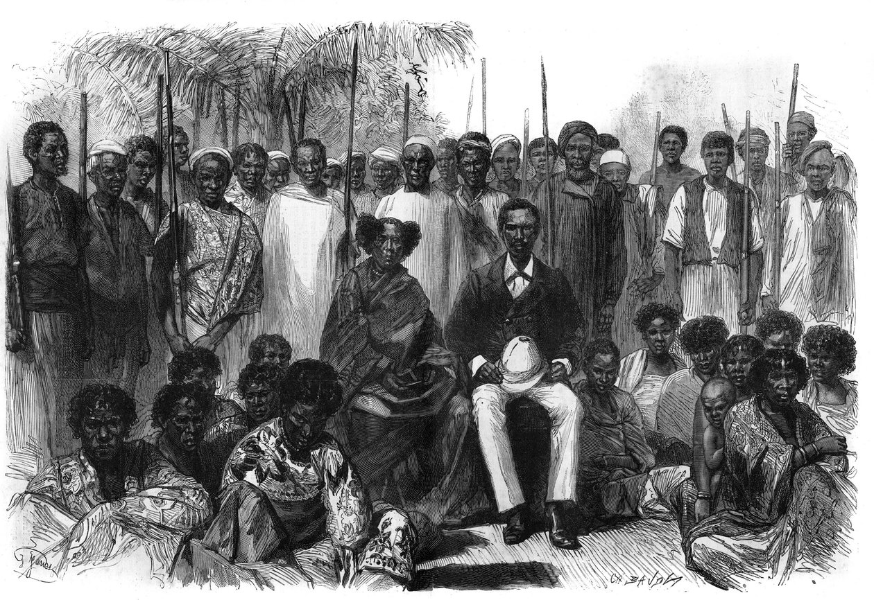 A rainha das Sakalaves, Anarina e seu marido de origem howa, ficou sob a proteção da França durante a expedição de Madagascar. Gravura no "Le Monde Illustré". de Unknown artist