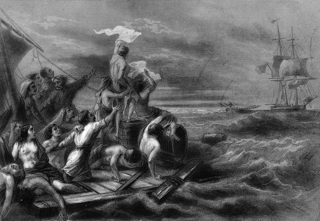 A jangada da Medusa vendo o Argus offshore. no "Histoire générale de la marine" de Van Tenac de Unknown artist
