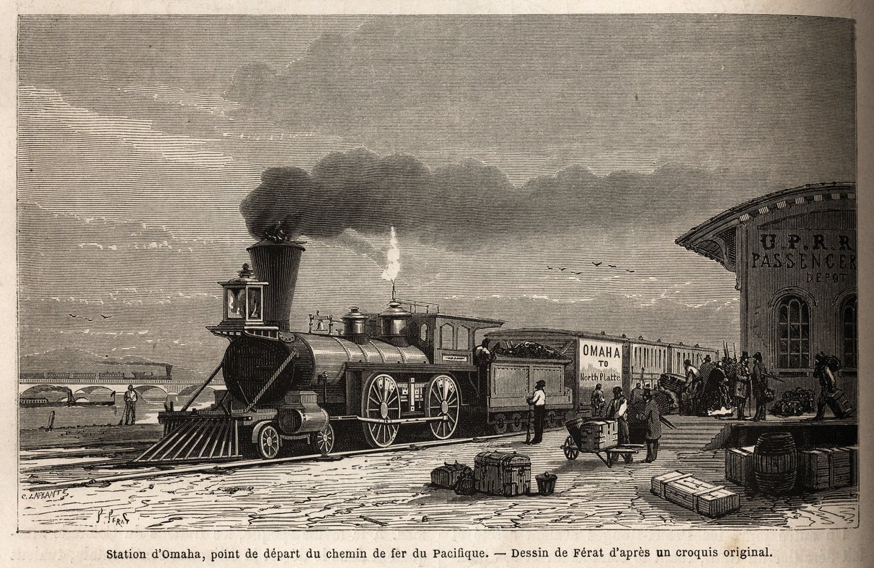 A ferrovia tem a Estação Omaha (Nebraska), o ponto de partida das linhas que levam ao Pacífico. Engravure pour illustration le voyage au far west americain, de M. L. Simonin, em 1867, publicado em "Le tour du monde, nouveau journal des voyages", editado de Unknown artist