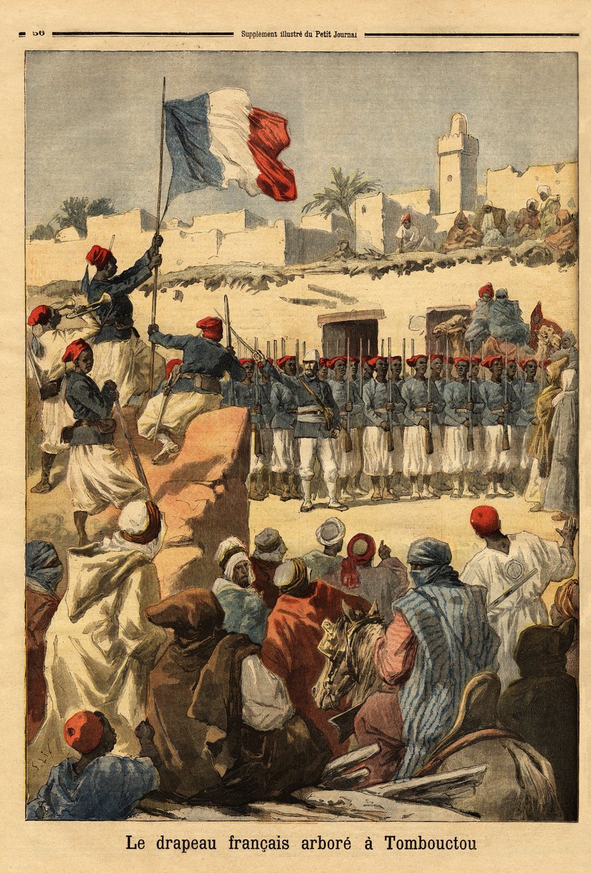 O hastear da bandeira francesa em Timbuktu (Mali) pelo Tenente Coronel Francois Xavier Bonnier (1857-1944) durante a conquista francesa do Sudão francês (actual Mali) - A bandeira francesa hasteada em Timbuktu (localizada no rio Níger, Mali) pelo co de Unknown artist