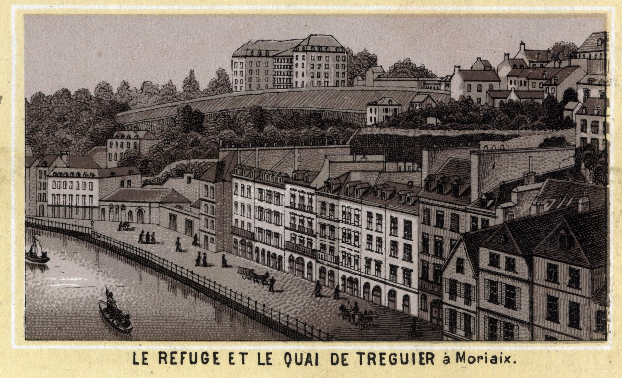 O refúgio e cais de Treguier em Morlaix (Finistere, região da Bretanha). Cromolitografia do final do século XIX. de Unknown artist