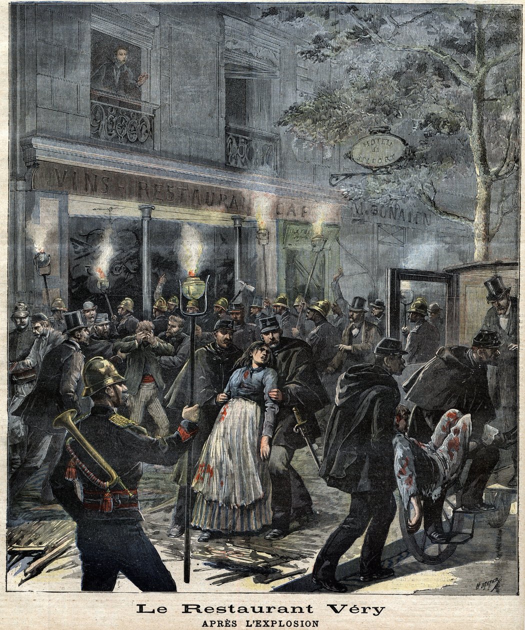 O restaurante Very (24 Boulevard Magenta em Paris) após a explosão causada pelo ataque do anarquista François Koenigstein dit Ravachol (1859 - 1892) em 30 de março de 1892. No "The Petity Journal". de Unknown artist
