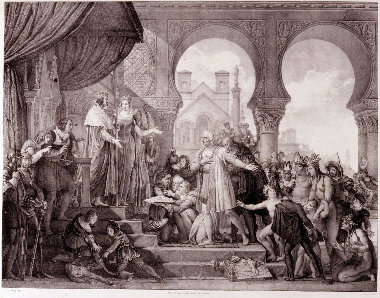 O regresso de Cristóvão Colombo a Espanha perante o rei Fernando II de Aragão e Isabel 1 de Castela (chamada de Católica) depois de ter descoberto a América. A gravura do século XIX. de Unknown artist