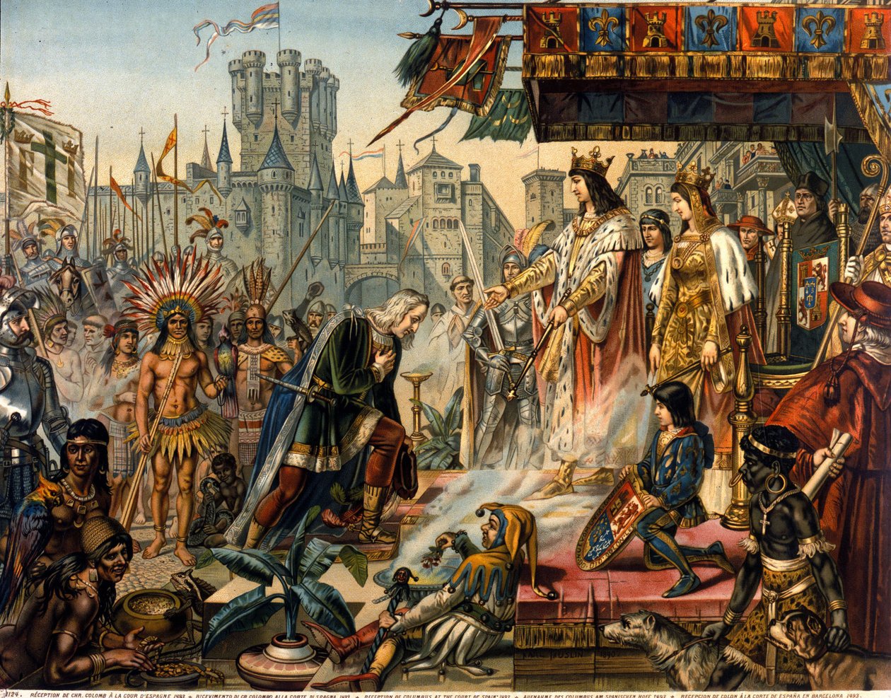 O regresso de Cristóvão Colombo a Espanha perante o rei Fernando II de Aragão e Isabel 1 de Castela (chamada de Católica) depois de ter descoberto a América. A gravura do século XIX. de Unknown artist