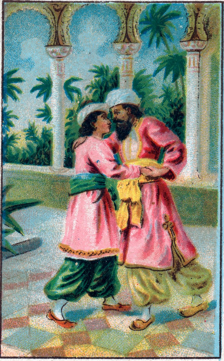 O regresso do príncipe. Conto "Histoire du cheval enchante" em "Les mille et une nuits" (les 1001 nuits ou Le mille e una notte, Arabian Nights). Cromolitografia do final do século XIX. de Unknown artist