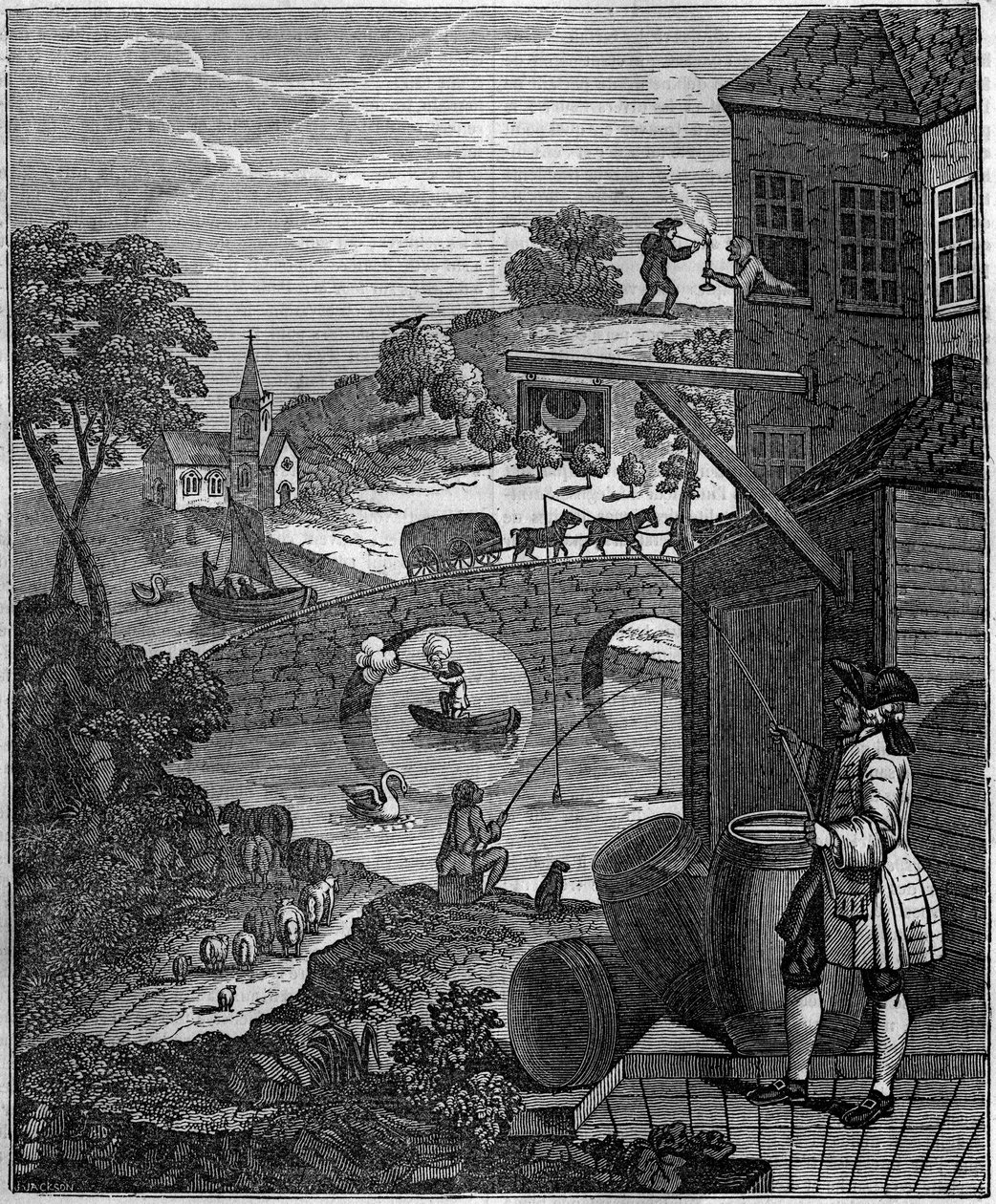 A perspectiva ridícula Ilustração satírica de William Hogarth (1697-1764) zombando da arte da perspectiva dos pintores ao propor os níveis planos de objetos e pessoas impossíveis na realidade por causa das distâncias. de Unknown artist