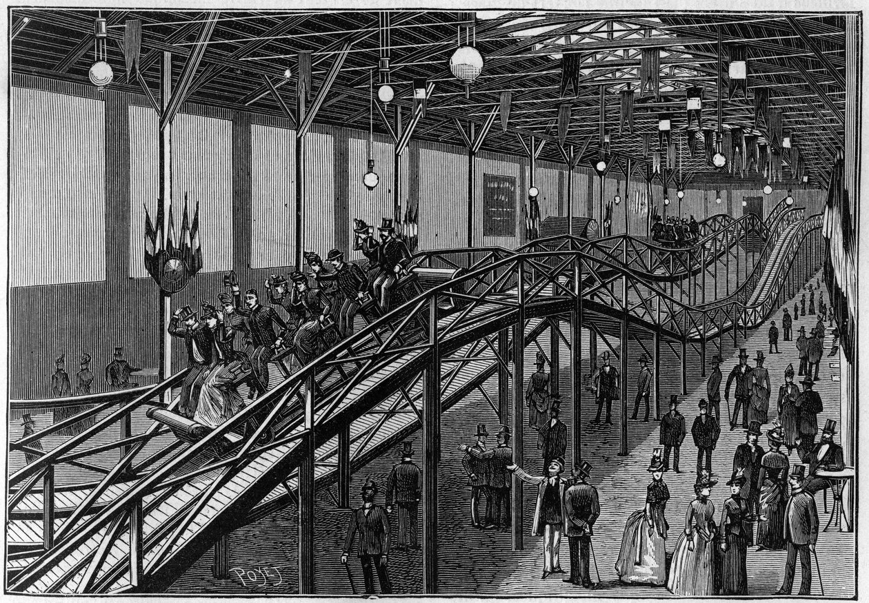 A montanha-russa do Boulevard des Capucines em Paris, em 1888. Em "Natureza. Revue des sciences et de ses applications aux arts et a l