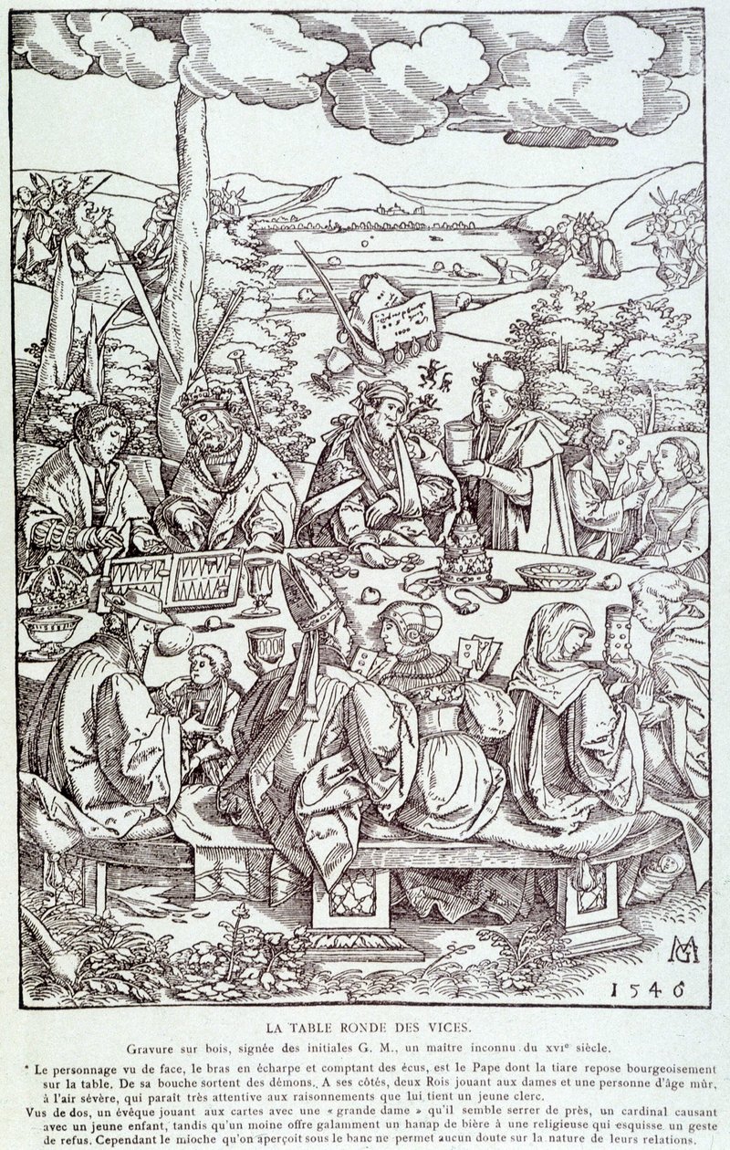A mesa redonda dos vícios: jogo, ganância, luxúria, orgulho... - A gravura 1546 de Unknown artist