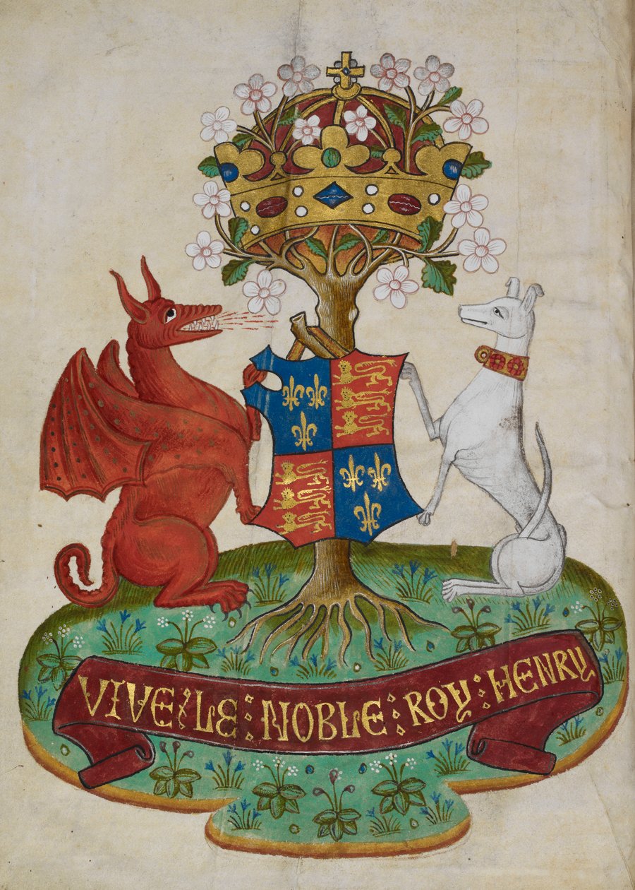 As armas reais da Inglaterra de Henrique VII apoiadas por um galgo branco e um dragão vermelho de Unknown artist