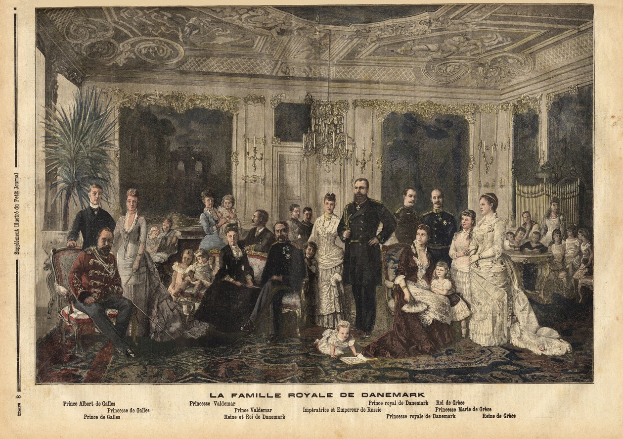A família real da Dinamarca, sentada no centro, a Rainha Luísa de Hesse-Kassel (1817-1898) e o Rei Christian IX da Dinamarca (1818-1906) apelidado de "o pai bonito da Europa" porque casou vários dos seus filhos com heritiers da grande família real. de Unknown artist