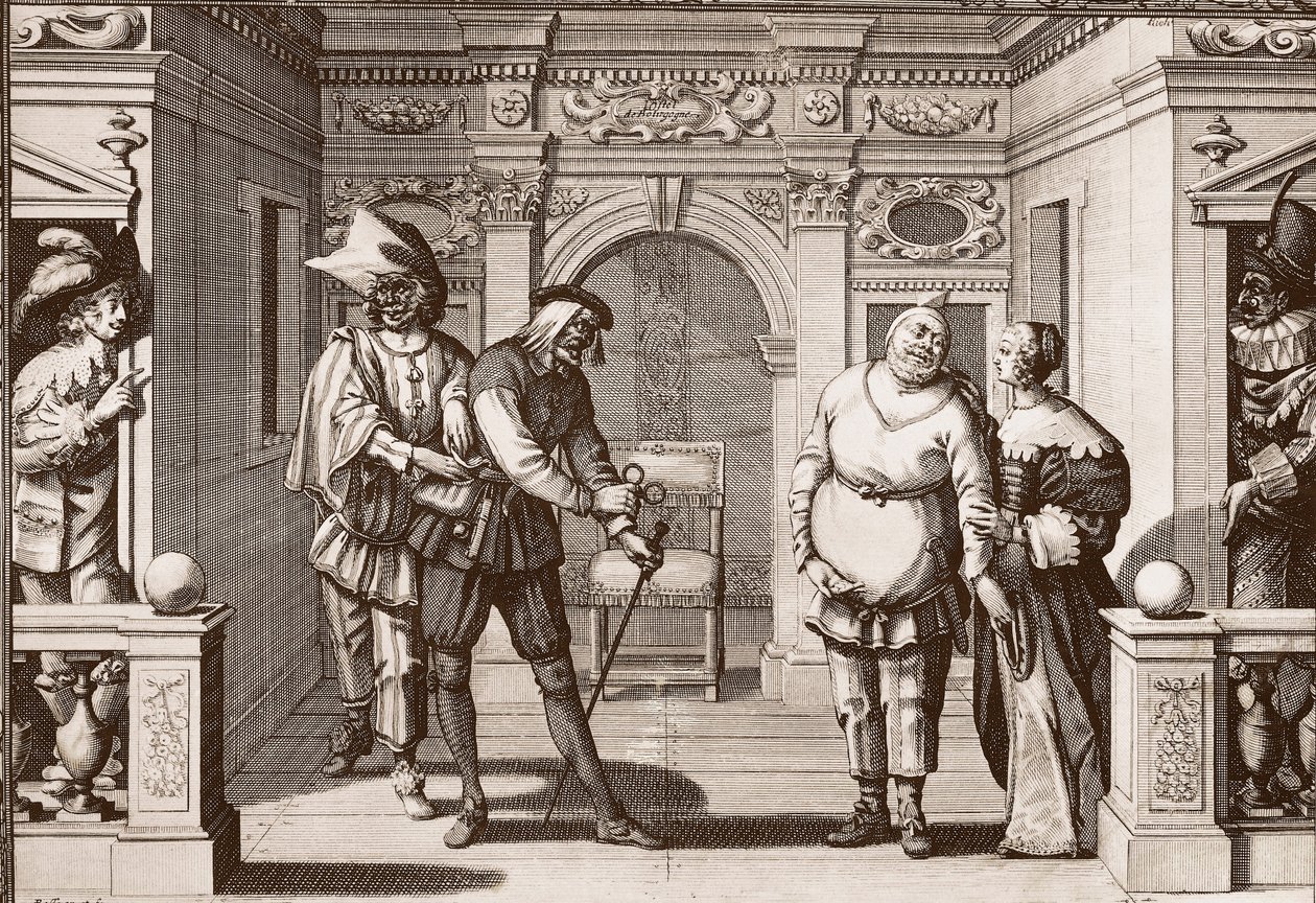 A trupe real da Comédia Italiana no teatro do Hotel de Bourgogne, rue Mauconseil, em Paris de Unknown artist