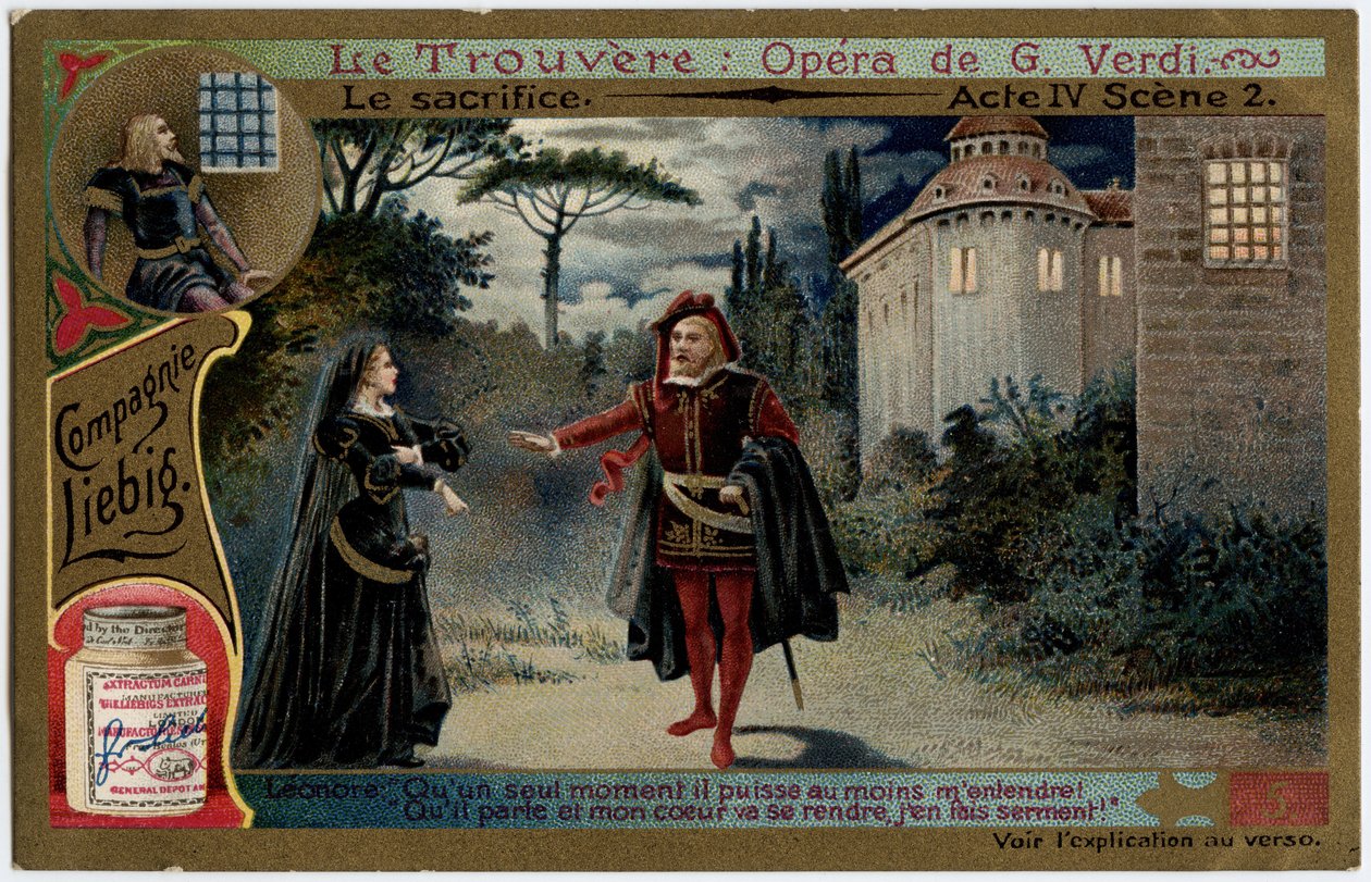 O acto de sacrifício IV cena 2. Ilustração para a ópera "O achado" (Il trovatore) de Giuseppe Verdi (1813-1901). Cromolitografia (Chromo) Liebig do final do século XIX. de Unknown artist