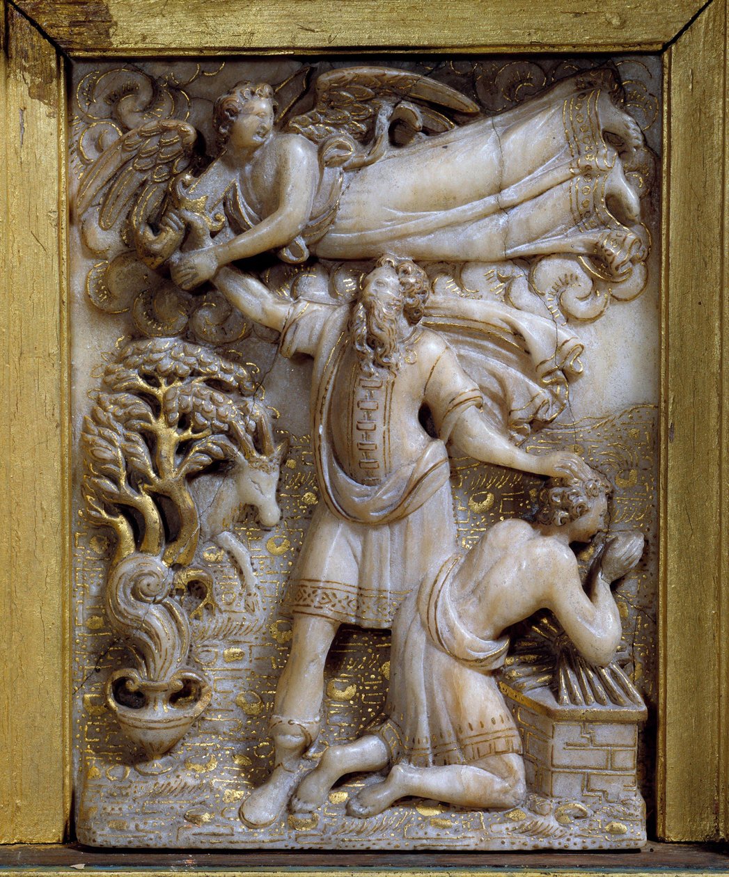 O sacrifício de Abraão, o anjo, aparece a Abraão para dizer-lhe que não sacrifique o seu filho Isaque. Baixo relevo em medalhão de marfim. Século XV. Musee Vivenel, Compiegne de Unknown artist