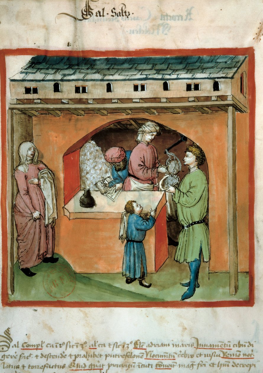 O comerciante de sal Eluminure do comércio de medicamentos e dietéticos "Tacuinum sanitatis". de Unknown artist