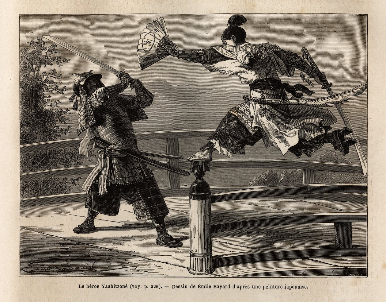 O samurai Yashitsune em equilíbrio na barreira de uma ponte, ataca um samurai de armadura. Gravura para ilustrar a viagem ao Japão, em 1863-1864, de Aime Humbert, ministro da Confederação Suíça, em "Le tour du monde, nouveau journal des voyages". de Unknown artist