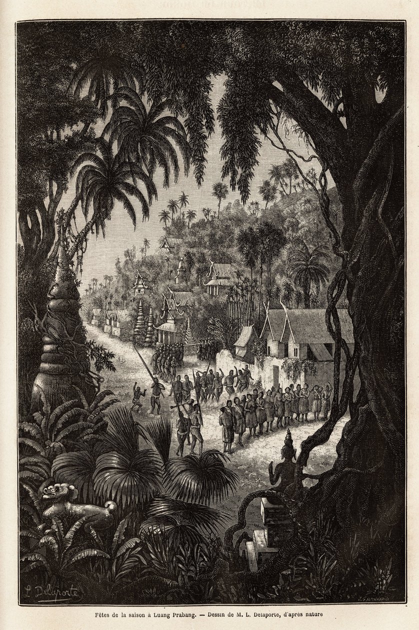 As celebrações da época em Luang Prabang, capital real de Lan Xang (reino do milhão de elefantes) (atual Laos), consistem em uma procissão dos habitantes e um pagode de adoração por toda a cidade. Gravura para ilustrar uma viagem de exploração de Unknown artist