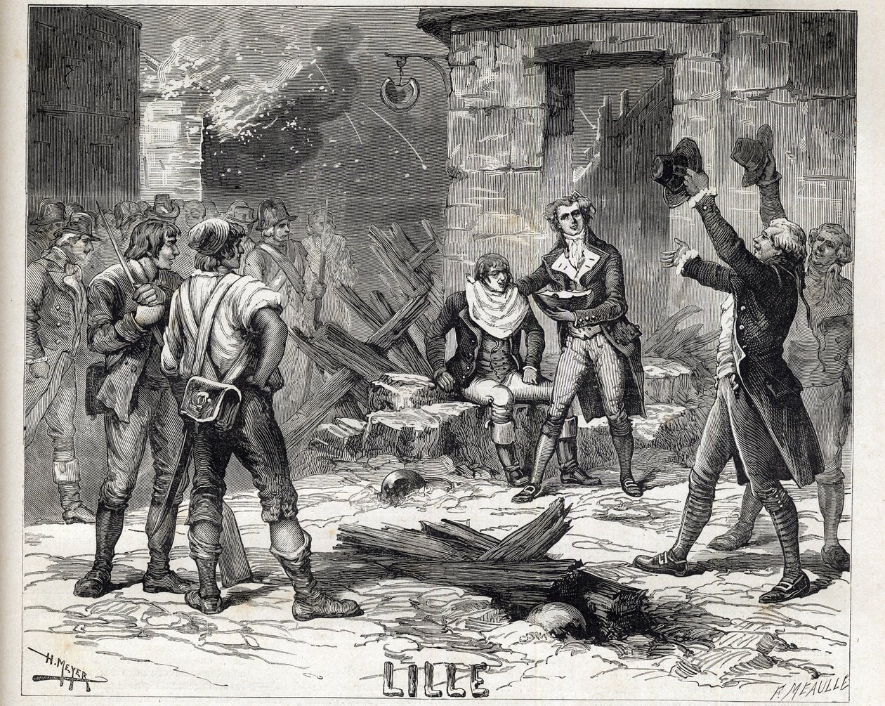 O prato de barbear de Lille. Um episódio do Siege de Lille em 1792 durante as Guerras Revolucionárias Francesas - Siege de Lille em 1792: a peruca Maes usando um estilhaço de bomba como prato de barba para barbear um cliente - de Unknown artist