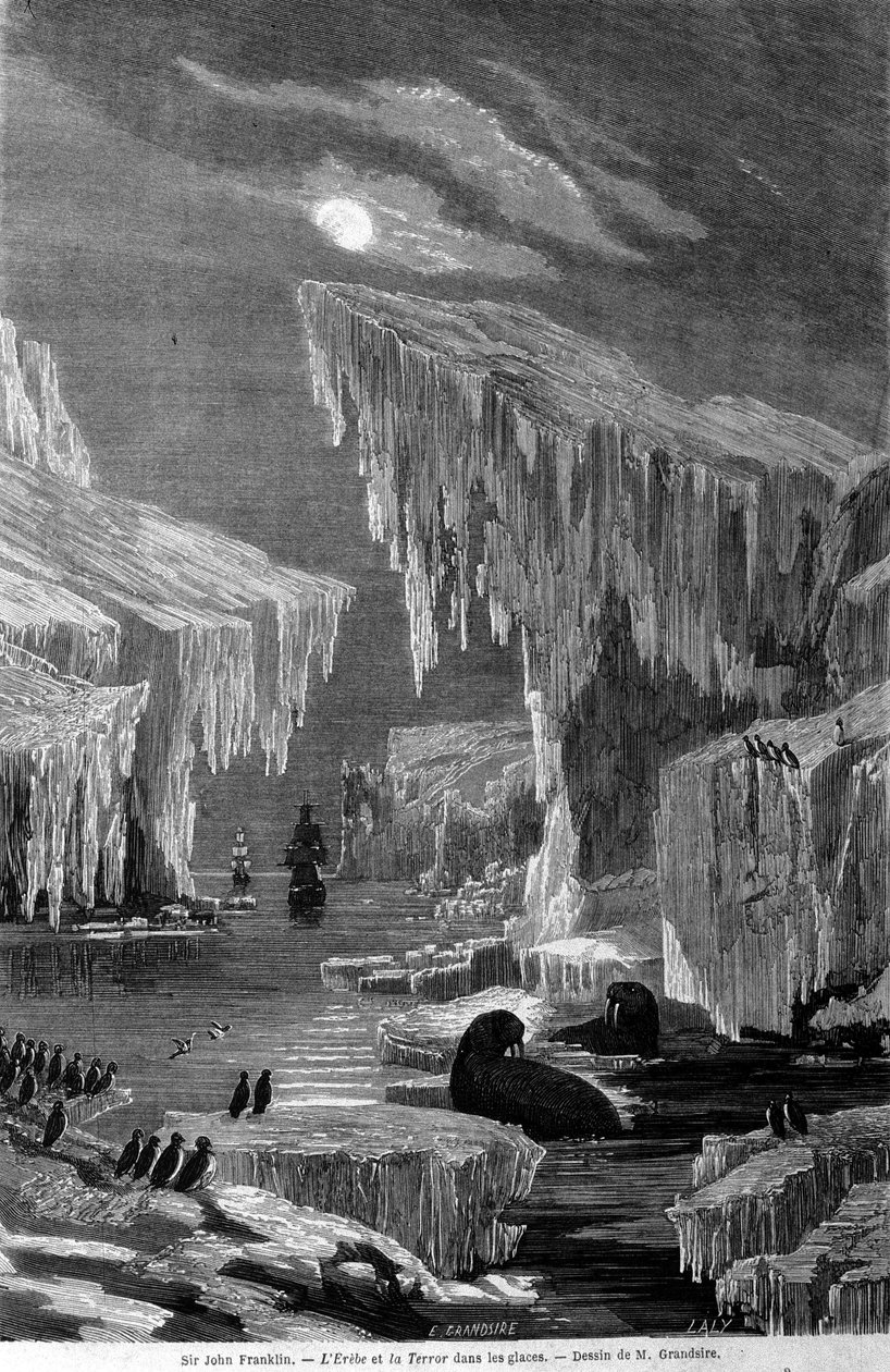 Os navios "Erebus" e "Terror" durante a expedição liderada por Sir John Franklin (1786-1847), entraram no gelo. A gravura do século XIX de Unknown artist
