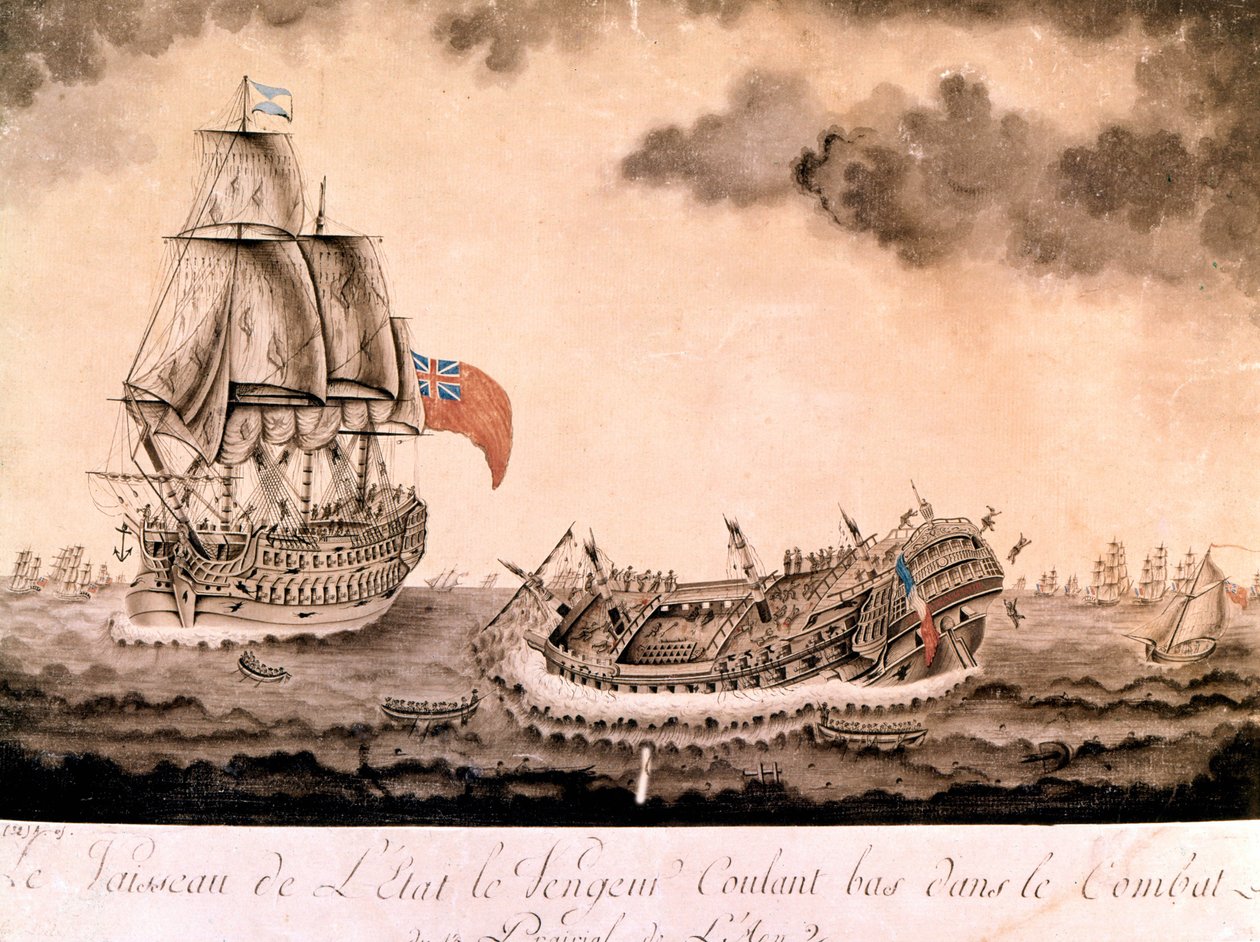 O naufrágio do "vingador" afundou ao largo de Brest pela frota inglesa em 1/06/1794. Gravura no final do século XVIII, início do século XIX. de Unknown artist