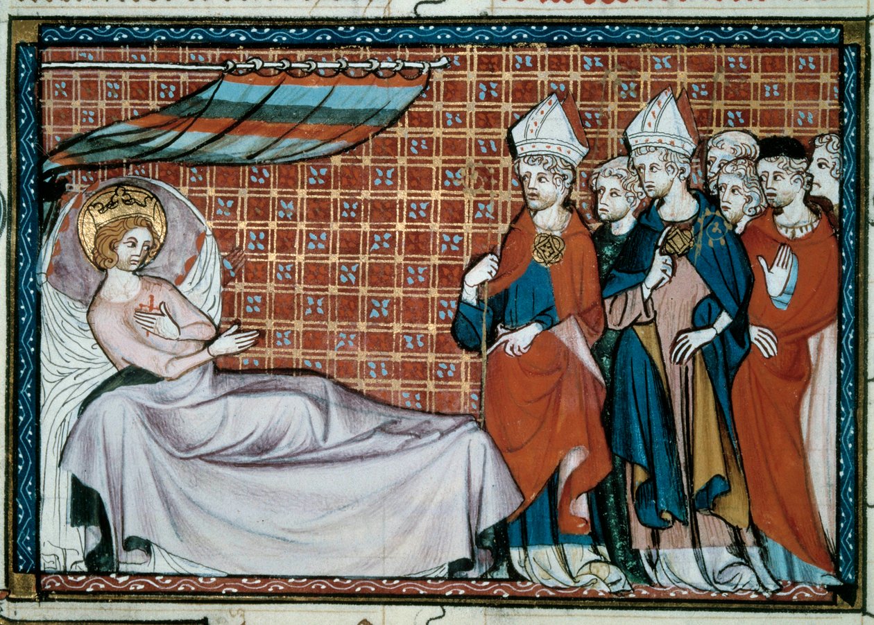 O rei doente da França Saint Louis (Louis IX) (1214-1270) dirige-se aos seus parentes e ao clero. Miniatura de um manuscrito "Vida e Milagres de São Luís", de Guilherme de Saint Pathus de Unknown artist