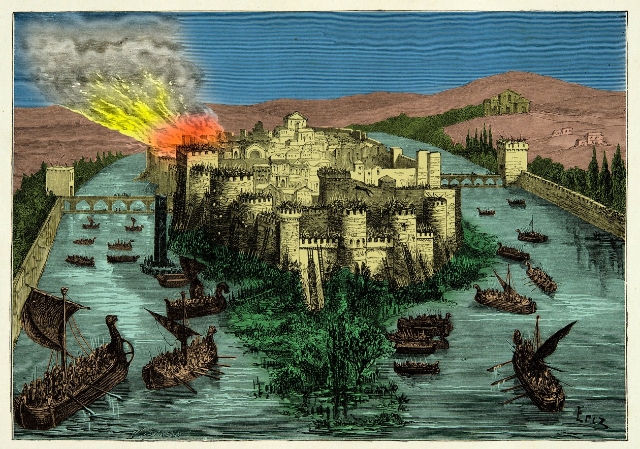 O cerco de Paris em 845 pelos Vikings com Ragnar Lodbrok à cabeça, Gravura do século XIX de Unknown artist