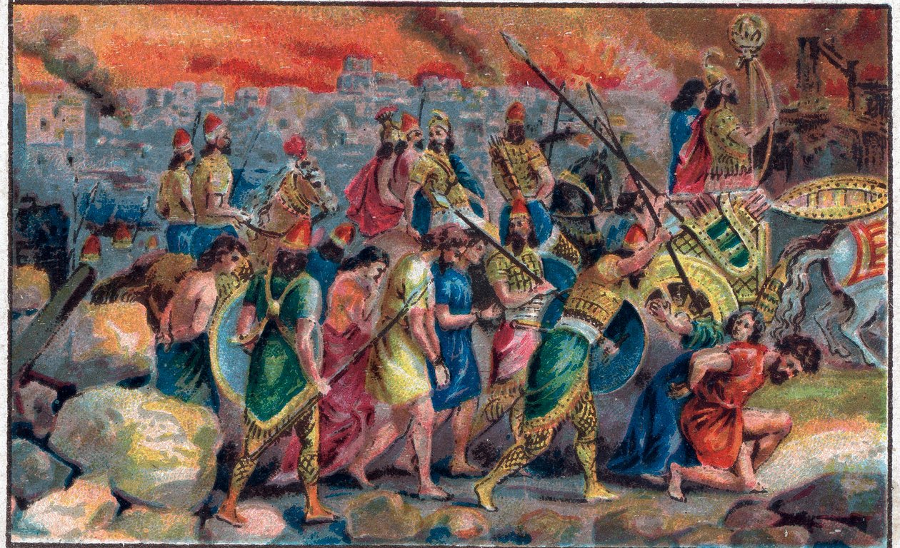 O cerco da cidade de Jerusalém pelo rei da Babilônia Nabucodonosor II (v. 630 AC-562 AC) em 586 AC e a destruição da cidade e do templo de Jerusalém. A cromolitografia do final do século XIX. de Unknown artist
