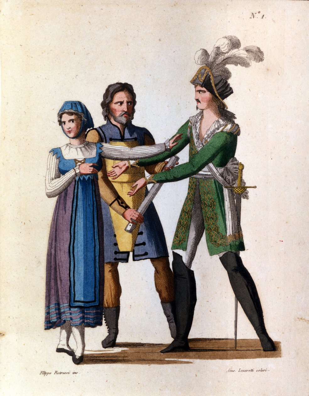Os cantores Savino Monelli (Bertrando), Teresa Bellog (Isabella) e Filippo Galli (Tarabotto) na ópera semi-séria "L