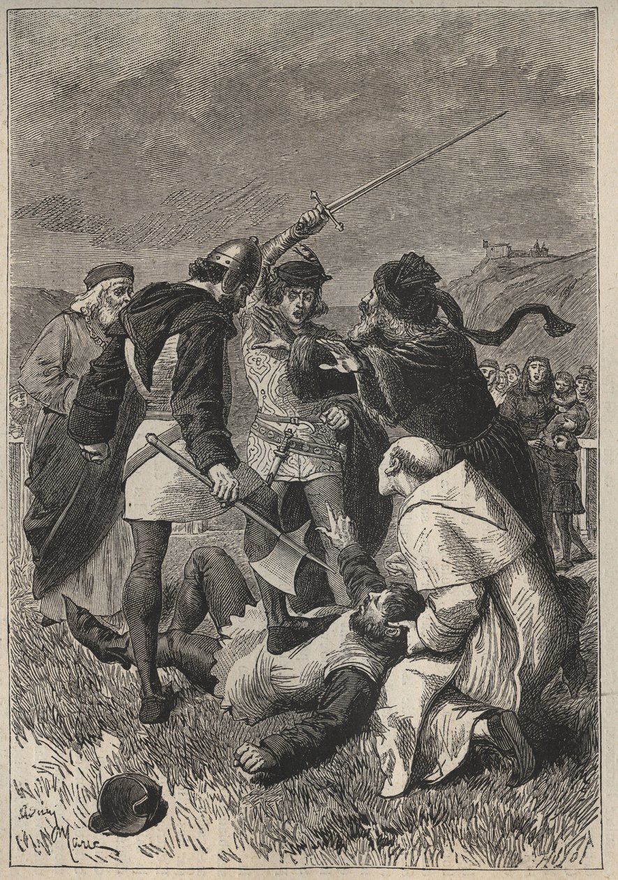 A calúnia de Rothsay - ilustração do século XIX para o romance histórico "The Pretty Girl of Perth" ou "The Fair Maid of Perth" de Walter Scott (1771-1832) de Unknown artist