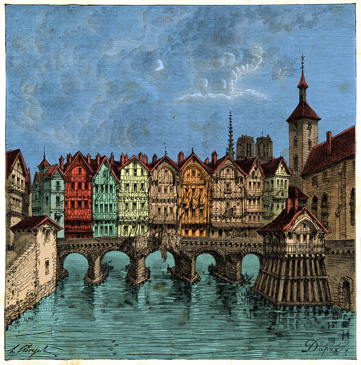 A pequena ponte que mais tarde foi a Pont au Change em Paris na Idade Média, gravura do século XIX. de Unknown artist