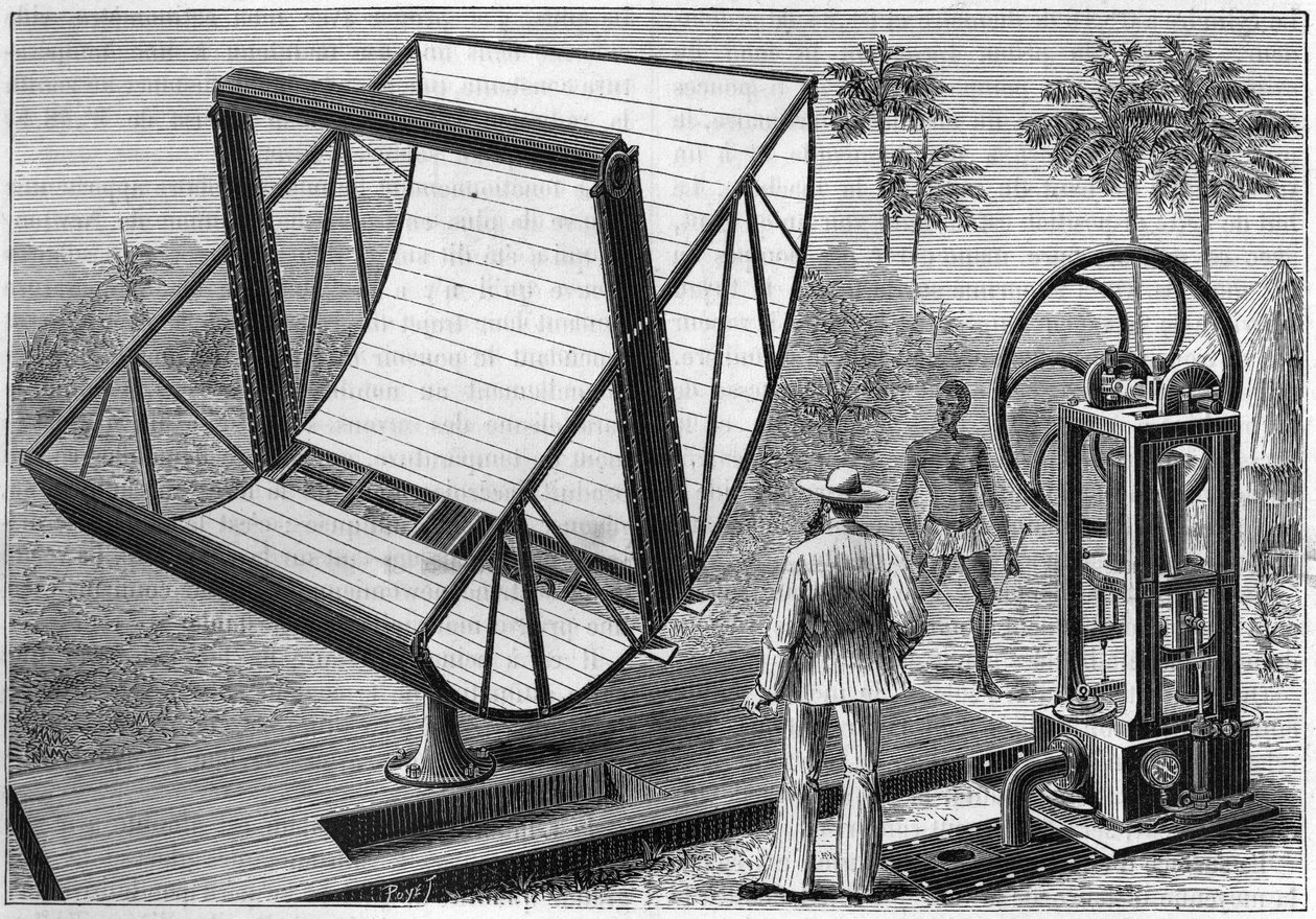 A máquina solar experimentada em 1883 por John Ericsson (1803 -1889), um engenheiro americano de origem sueca, um dos pais do uso da energia solar. em "Natureza. Revisão das ciências e suas aplicações para as artes e a indústria". de Unknown artist